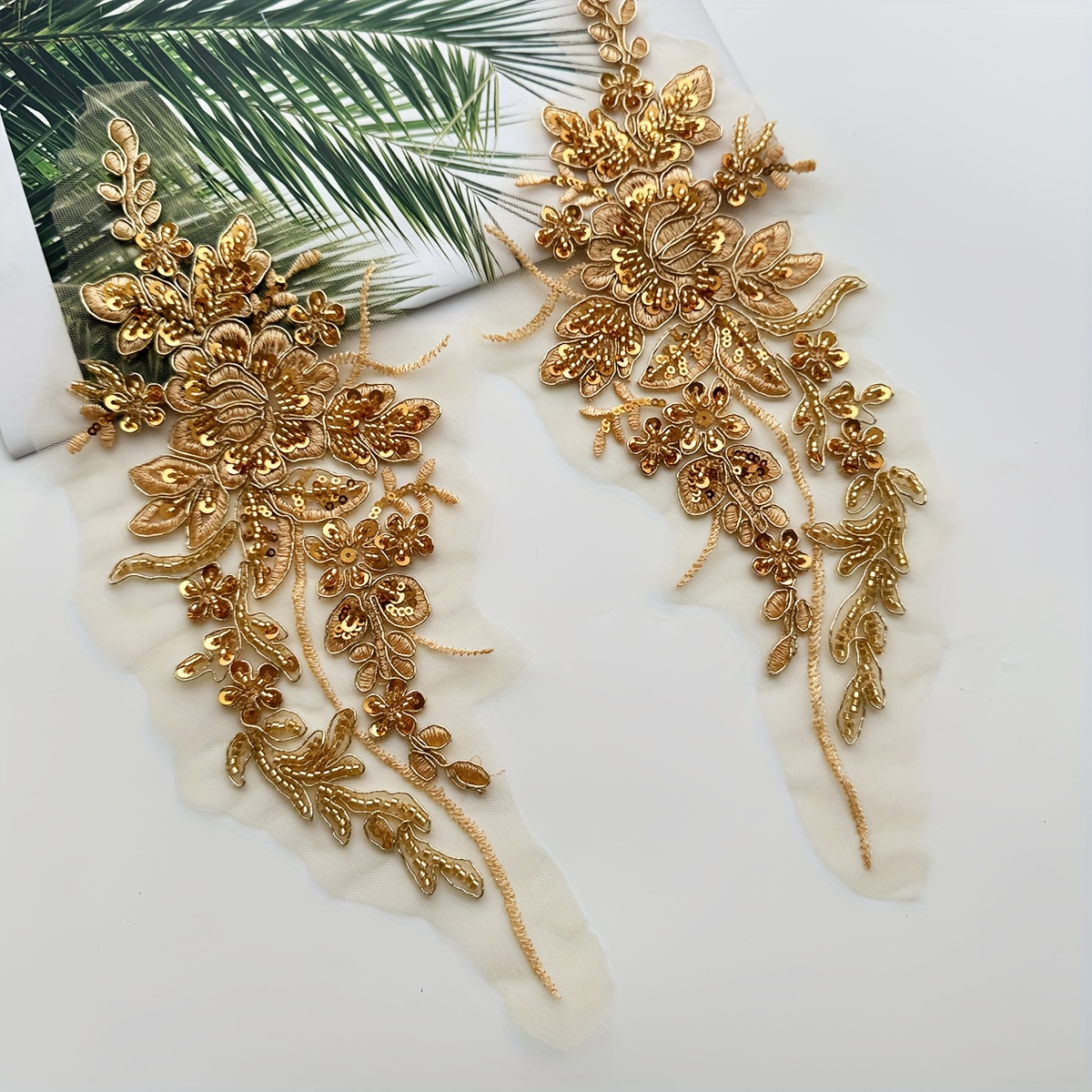 Image of 1 Pair Of 3d Floral Lace Applique Embroidery Flowers Sewn Embroidery Patches, Used For (golden) Body Of Wedding Bridal Dresses, Formal Attire, And Clothing