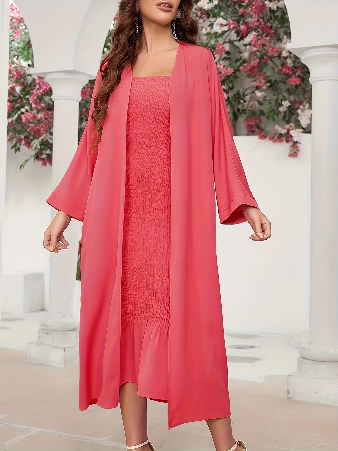 elegant solid color cami dress set open front long sleeve - Temu Morocco