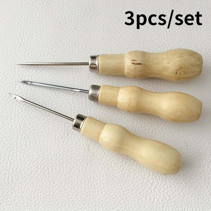 TEMU 3pcs Aghi da Foratura a con in Legno - Strumenti per Lavorazione della Pelle a Punta Fine con Impugnatura Ergonomica per Riparazioni Scarpe DIY,
