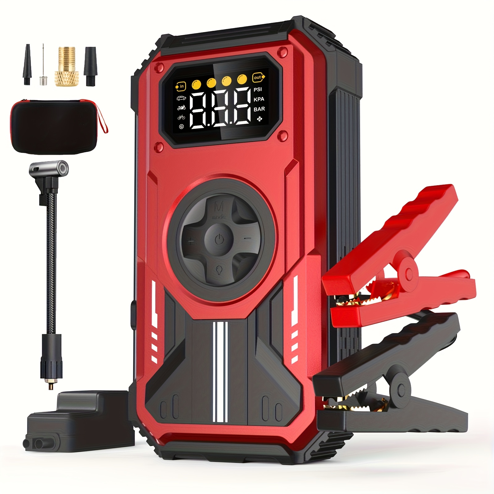 E-shop 12000mAh Starthilfe Powerbank mit Kompressor, 150 PSI 6000 A Box, 12V Starthilfepackung für Auto Motorrad, Autobatterie-Booster (bis zu