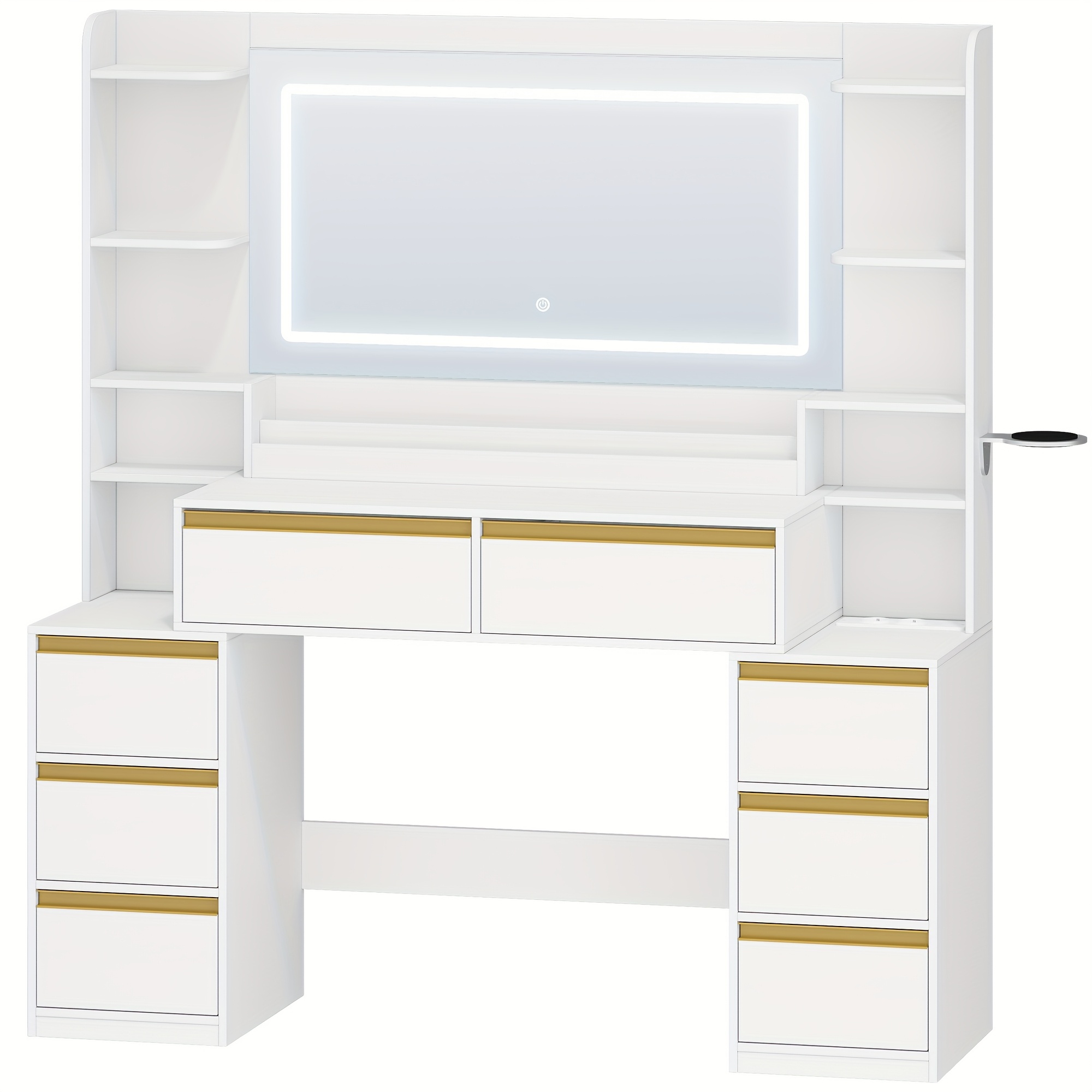 E-shop Schminktisch mit großem Spiegel, Schminktisch und Föhnhalter, 8 Schubladen, offene Fächer, 40 x 135 x 145,2 cm, moderner weißer Schminktisch