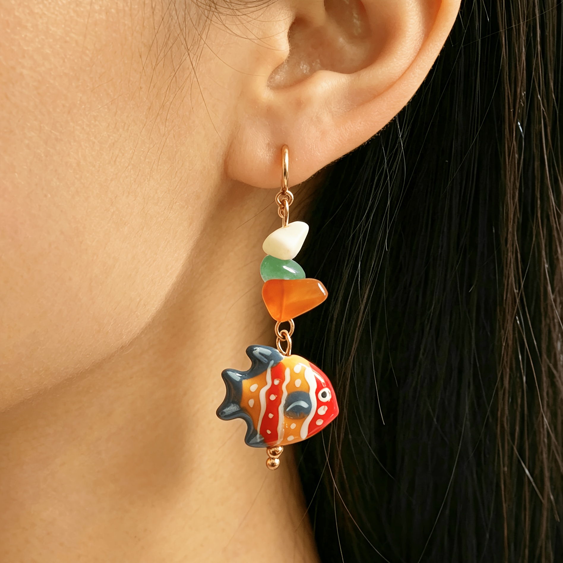 TEMU A Pair Of Cute Colorful Little Fish Natural Stone Summer Seaside Vacation Travel-inspired Stylish And Versatile Women's Earrings