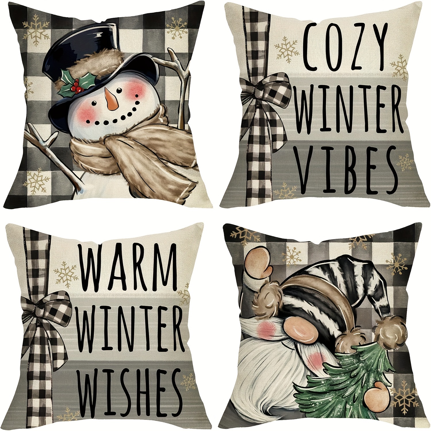 

Winter Holiday Decorative Throw Pillow Covers Set Of 4, Cozy Snowman & Gnome Design, Linen Blend Zippered Cushion Cases For Sofa, Bedroom, Living Room - Machine Washable Style Pillowcases