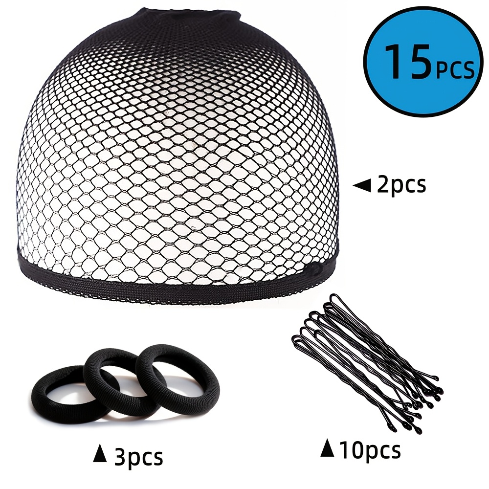 TEMU Ensemble de 15 pièces : 2 bonnets à cheveux + 3 élastiques à cheveux + 10 barrettes, ensemble de filets à cheveux invisibles pour femme, sac