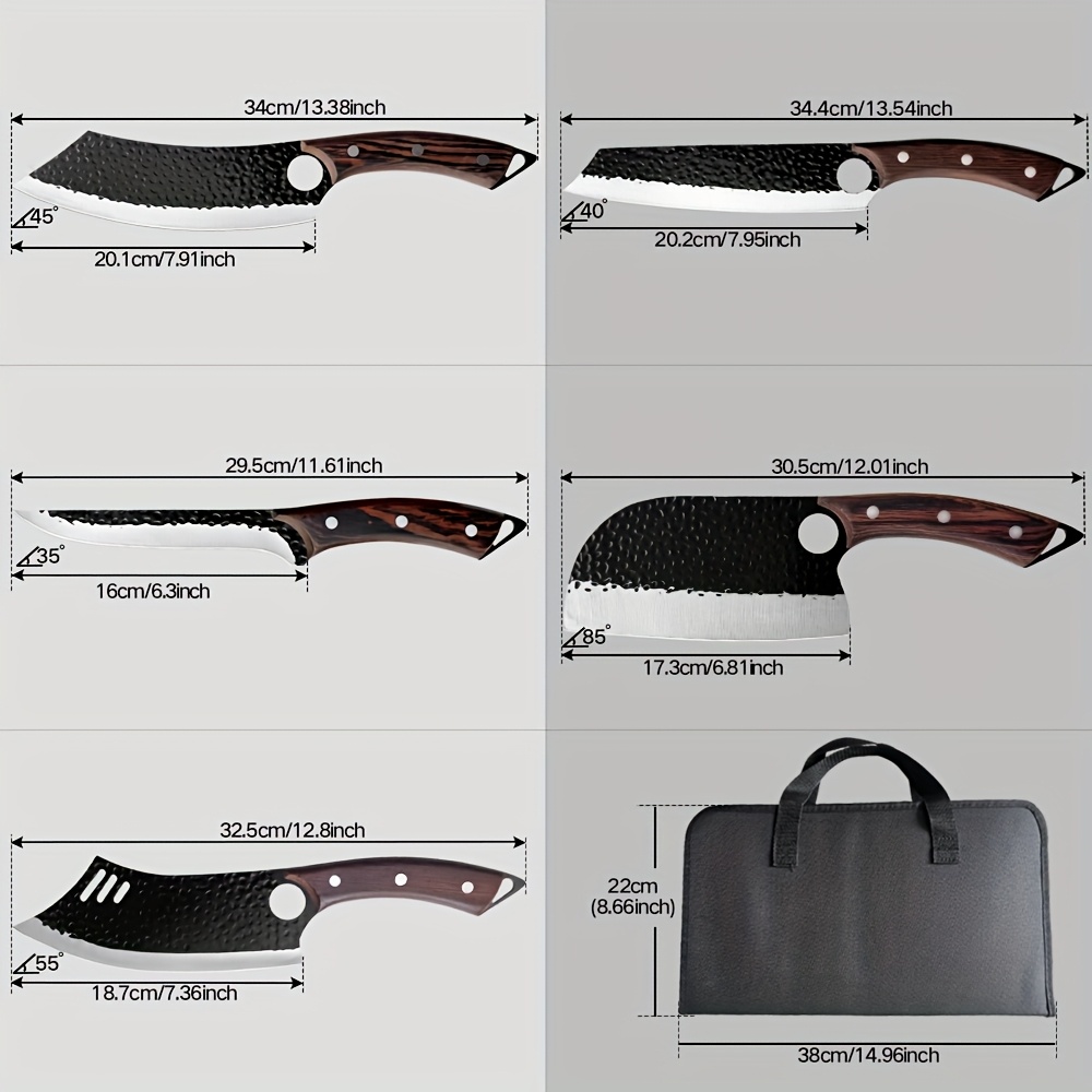 Set de 5 cuțite profesionale pentru bucătărie, Set de cuțite de bucătar, Cuțit de bucătar forjat manual, Perfect pentru cuțit de tăiat, Oțel inoxidabil 7Cr17Mov, Cuțit ascuțit cu mâner din lemn, Include geantă de transport pentru bucătărie