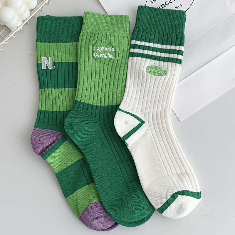 Image of 3- Autumn/winter Women's Korean Style Letter Embroidery Striped Mid-calf Socks, Versatile Crew Socks For Spring And Autumn