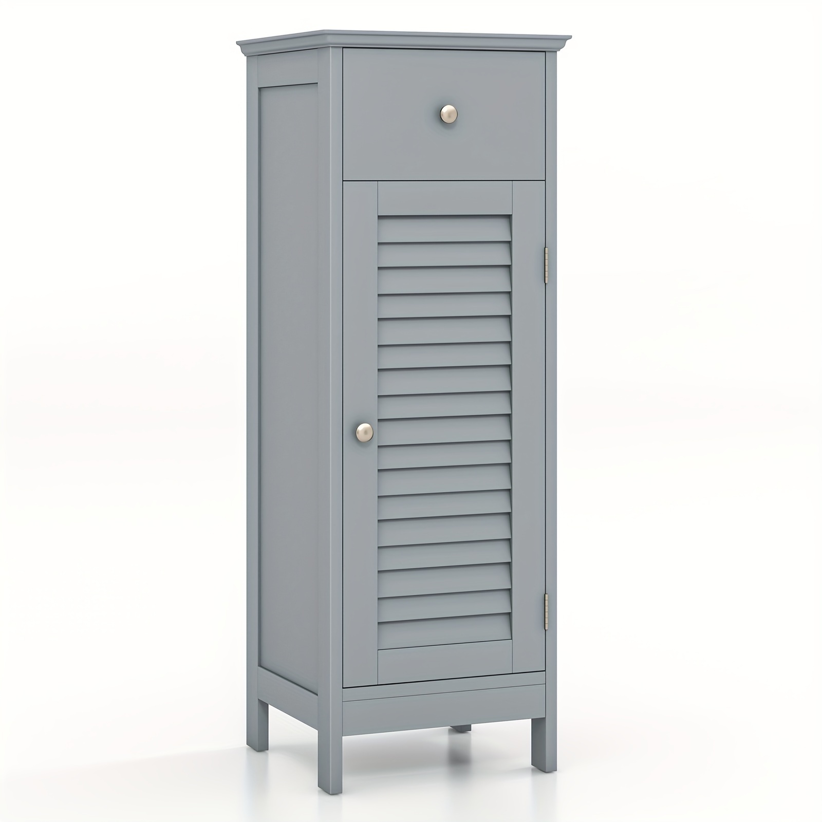 

1pc Bathroom Floor Storage, Cabinet Side Wooden Organizer, W/ Drawer Shutter Door, Grey