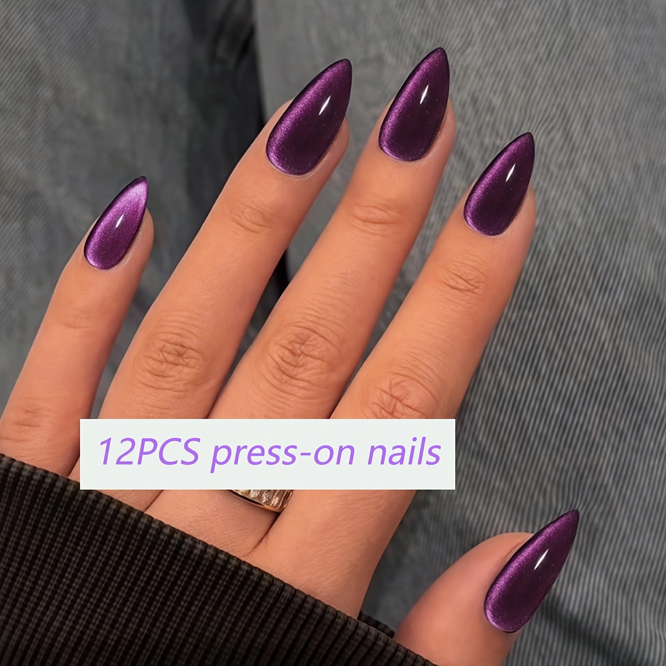 TEMU 12pcs Of Minimalist Style Almond Shaped Pressed Glitter Fake Nails High-end Cat Eye Fake Nails Fully Covered Acrylic Fake Nails Suitable For
