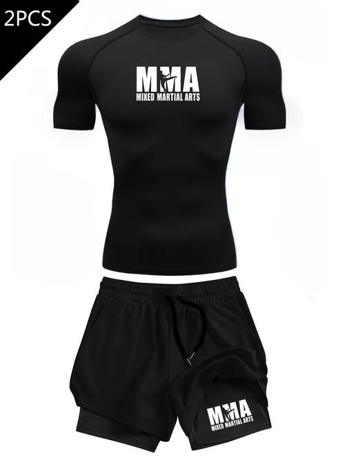 2pcs mma combat mens compression quick high gym and outdoor sportswear with body shaping t shirt and double layer shorts moisture wicking fitness apparel suitable for fitness cycling sports training