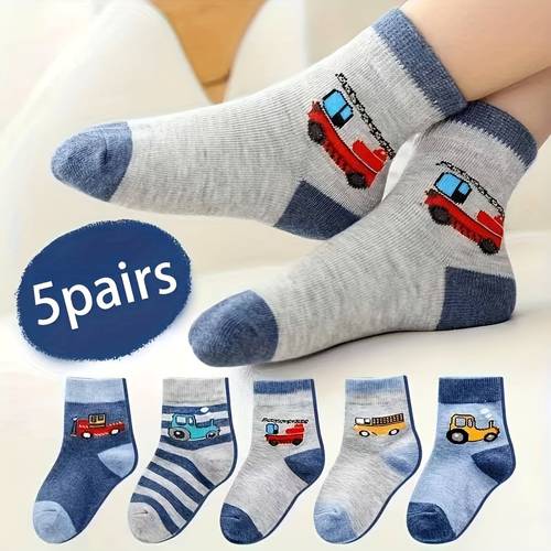 5 pair boys car themed socks with racing stripe vehicle patterns calf length suitable for boys casual wear car enthusiast gift