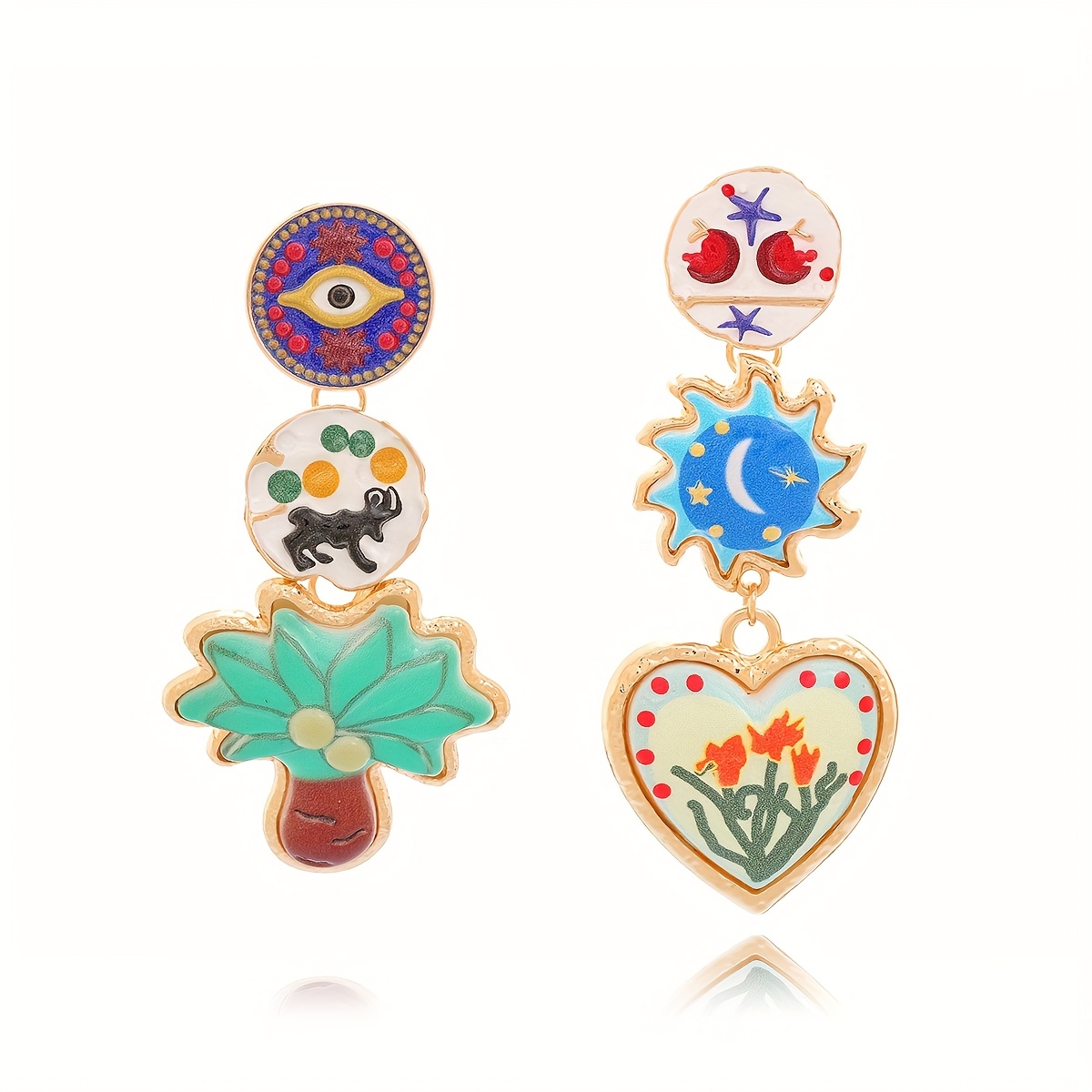 E-shop 2 Stück Neue Trendige Vielseitige Design Blume Stern Mond Kokospalme Damen Ohrringe, Modische Bohemian Bunte Emaille Asymmetrische Geometrische