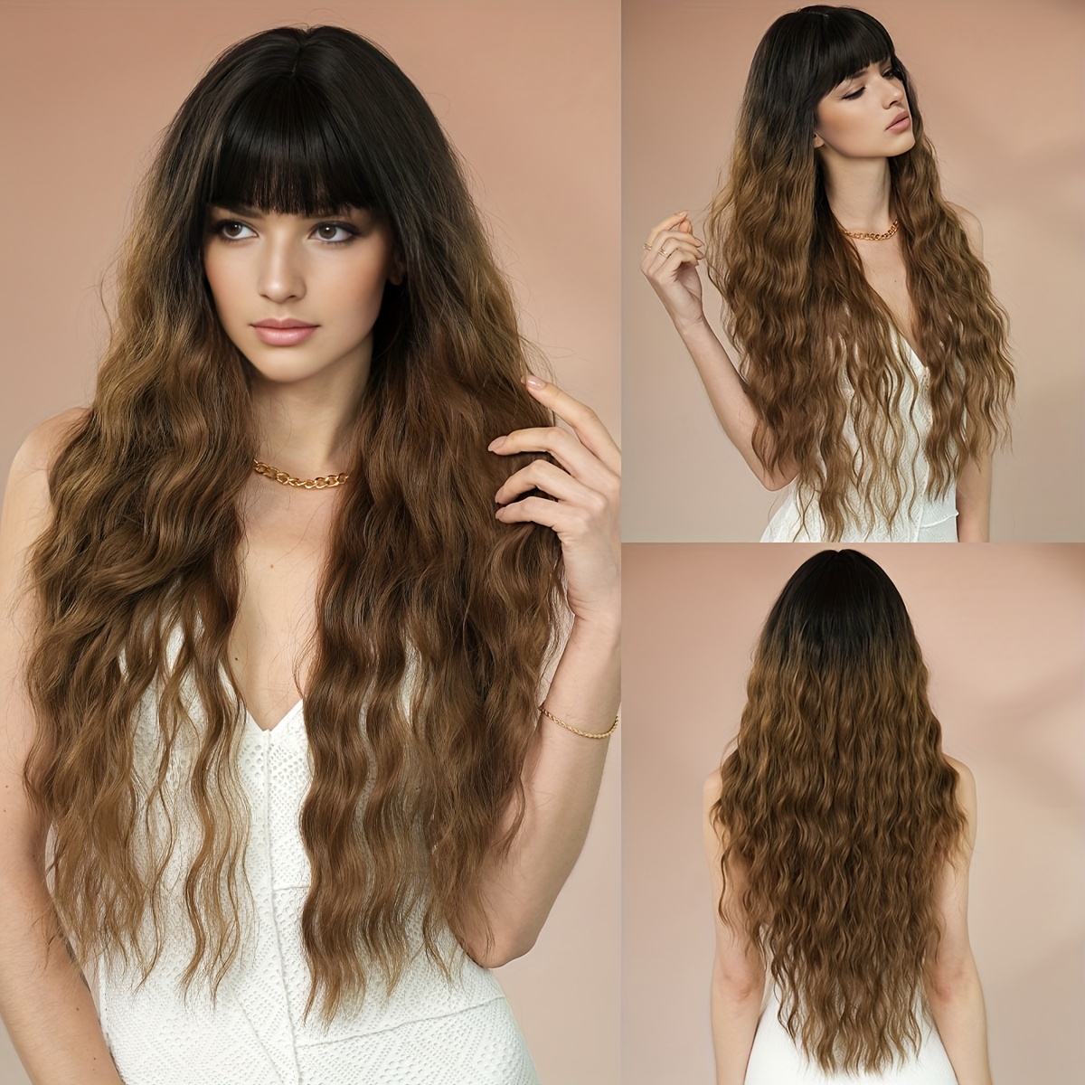1pc elegant ombre brown blonde wig with bangs for women, 26  display picture 3