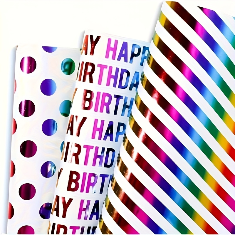 

3pcs Rainbow Foil Birthday Wrapping Paper - Gift Wrap For Parties & Holidays, Theme