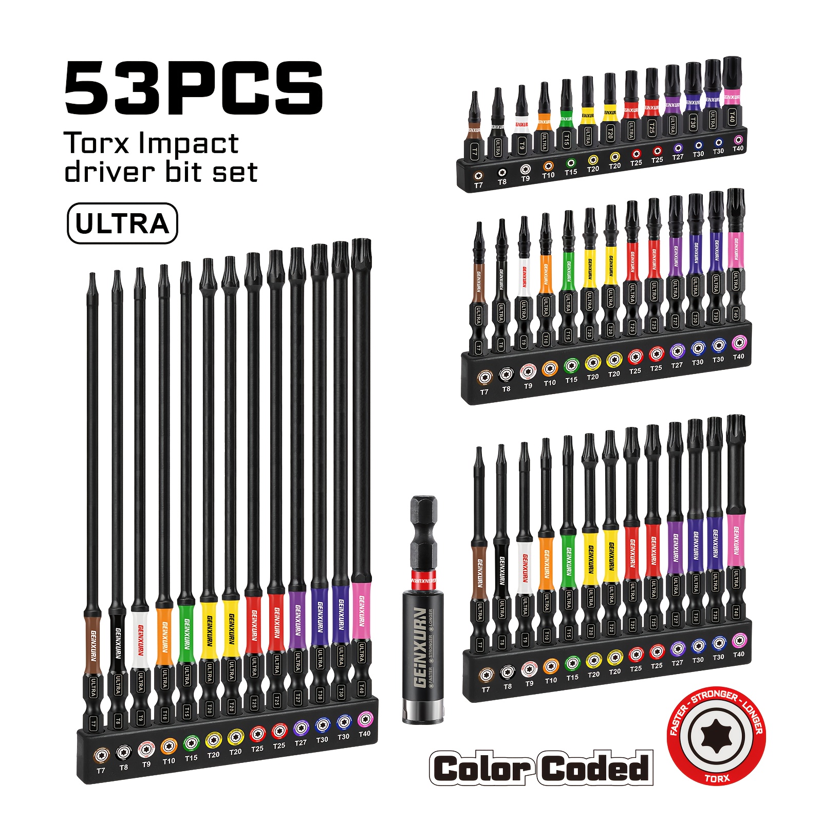 53pcs 25mm/50mm/75mm/150mm Colored Base Safety Impact Screwdriver Set With 60mm Extension Rod