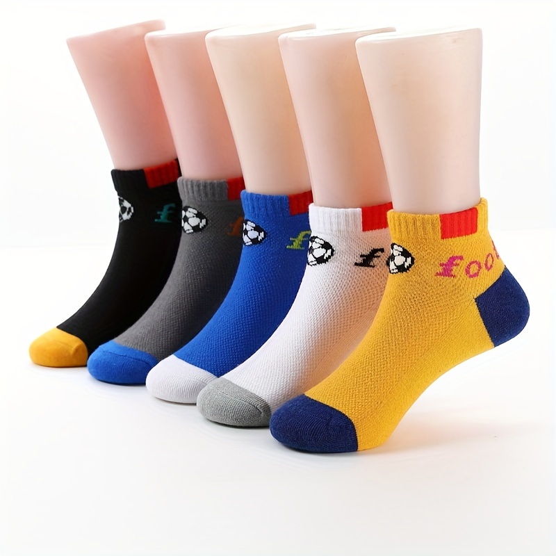 5 Pairs Boys' Soccer Socks - Soft Breathable Ankle Socks with Elastic Ribbed Cuffs, All-Season Comfort for Outdoor Play & Casual Wear, Hand Wash Only, Vibrant Colors (Yellow, Blue, Red, Black, White), Soccer Socks, Kids Sports Footwear, Playful Kids Design, Comfortable Fit