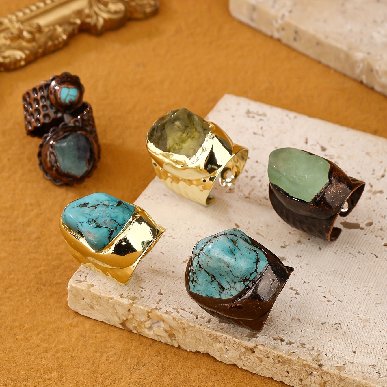 

-chic Adjustable Ring Turquoise & Lemon Crystal - Vintage Style, Casual Attire Or Parties, Green Apatite, And Sand