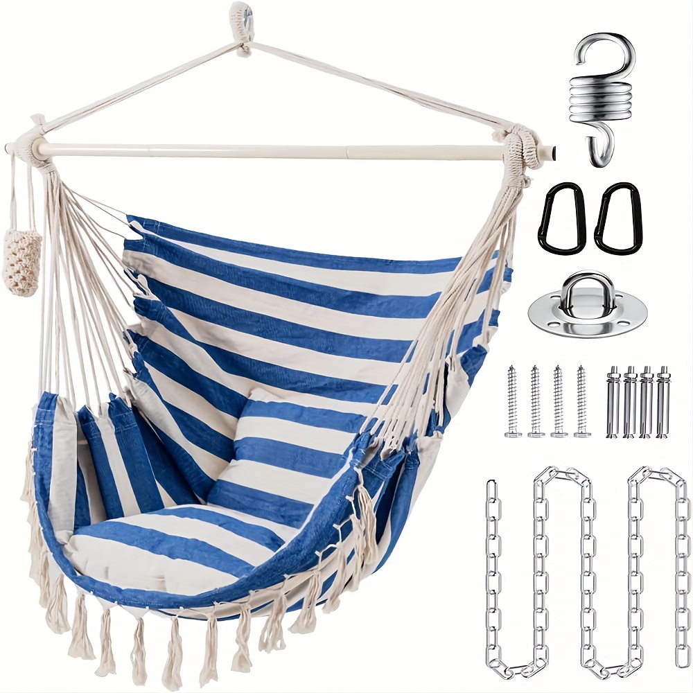 

Hammock Chair With Hardware Kit Hanging Hammock Swing With 2 Cushions Metal Support Bar Side Pocket For Indoor Swing Chair, Blue White Stripe