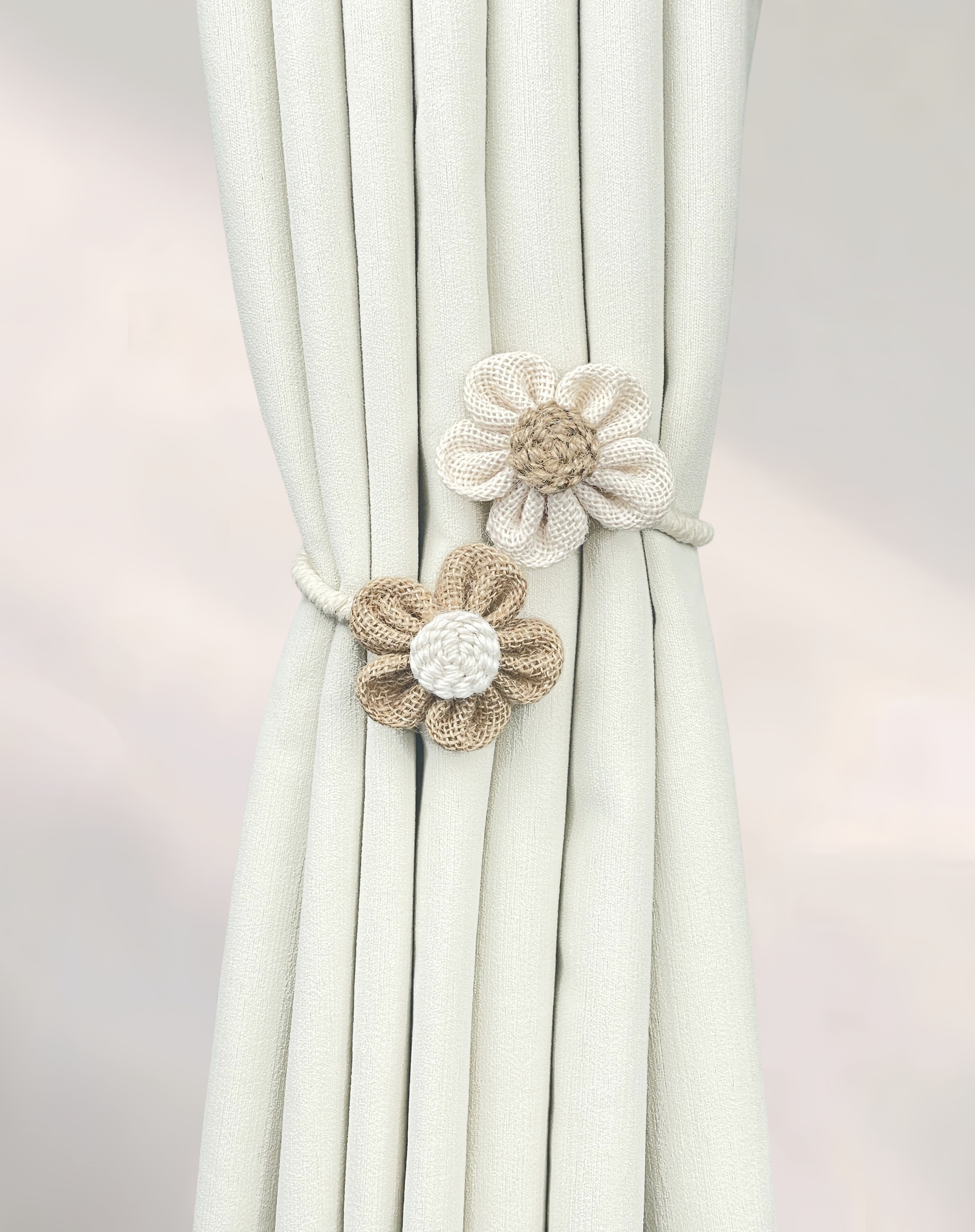 boho style cotton and linen curtain tiebacks with handcrafted flower knots decorative holdback clips for living room bedroom and home decor multipack details 4