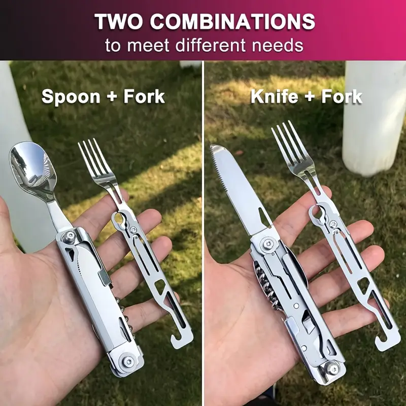 a versatile folding outdoor tableware set with 5 in 1 including knife bottle opener made of stainless steel easy to clean and with a storage bag camping details 5
