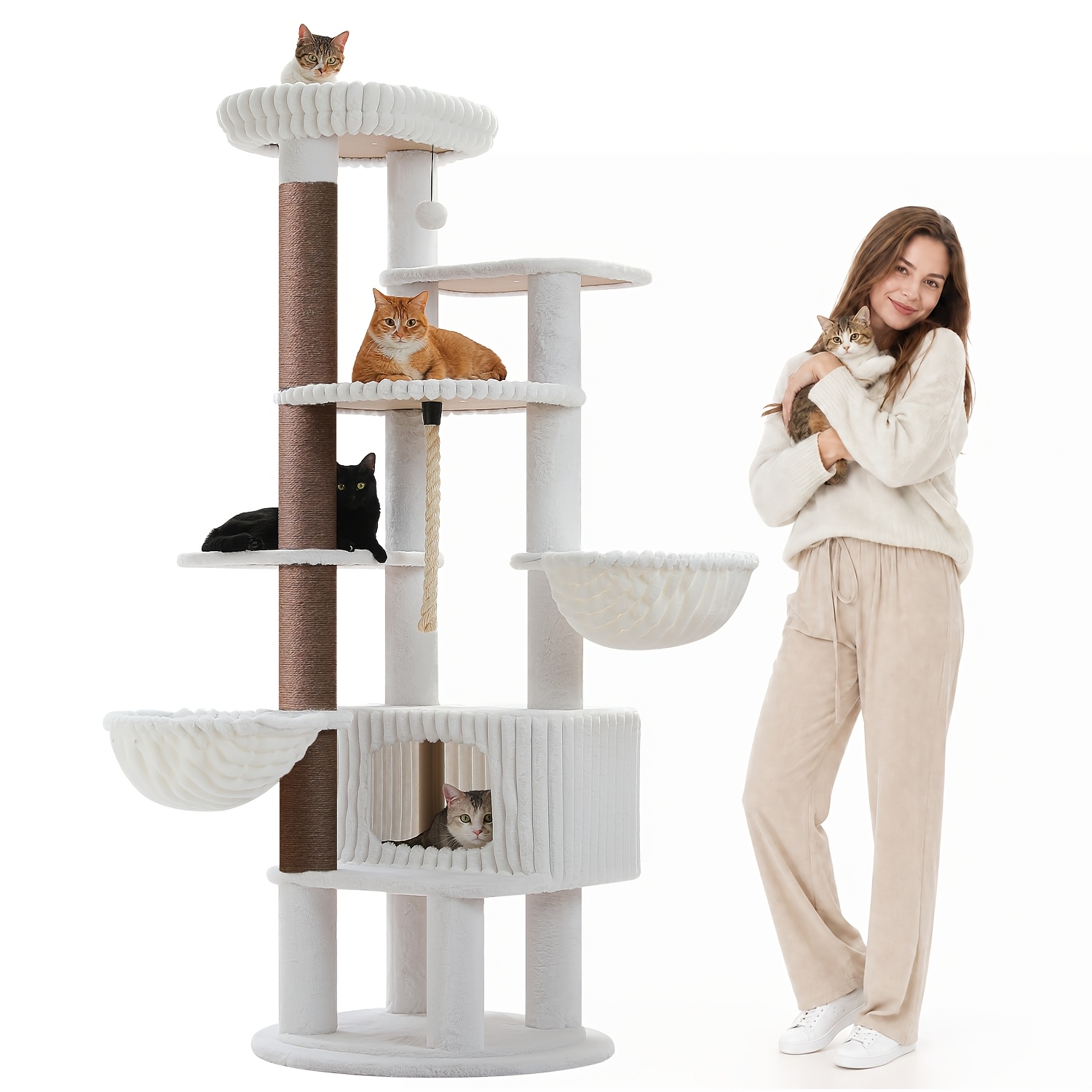 Image of Road 188cm Tall Cat Tree For Adult Indoor Cats, Multi-level Cat Tower With Sisal Scratching Posts, 2 Large Baskets, Padded Lounging Areas And Hammock, White&grey, Ships In 2 Boxes