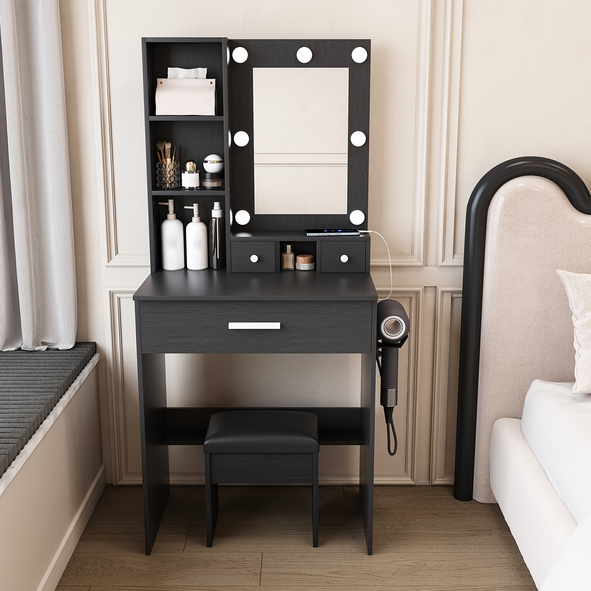 TEMU Small Dressing Table With A Chair, Light Bulb , Three-tier Storage Shelves, A Large Capacity Drawer, A Hair Dryer Holder, And A Mirror With