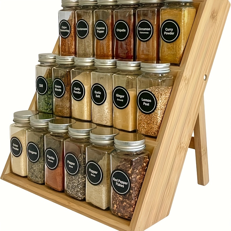 3 tier premium bamboo spice rack organizer countertop seasoning jar holder multi purpose tool organizer for kitchen cabinet and drawer storage