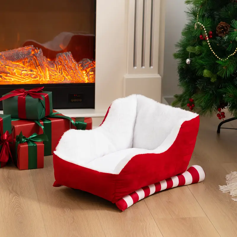 cozy christmas sleigh pet bed red fur soft indoor outdoor bed breathable washable durable holiday gift for for fireplace snuggling christmas pet accessory sleigh plush pet bed Product details 3