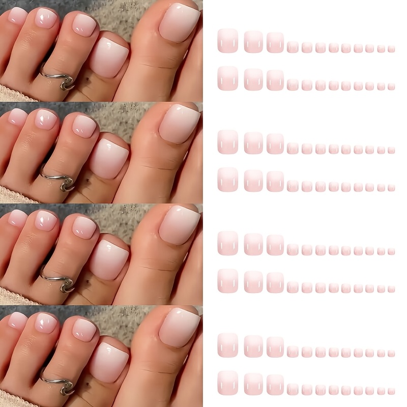 144pcs Square Spring Summer Short Pink White Ombre Press-on Nails, Short Gradient Toenail