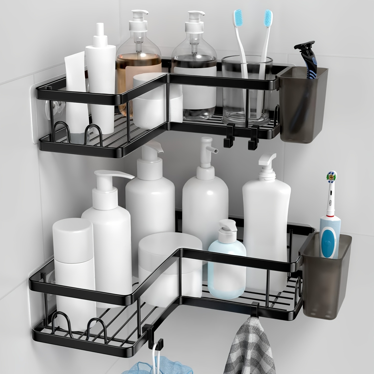 TEMU 1 And 4-pack Corner Shower Caddy, Shower Corner Organizer Shelves, No Drilling Stainless Steel Shower Storage Rack With Hooks And Toothpaste