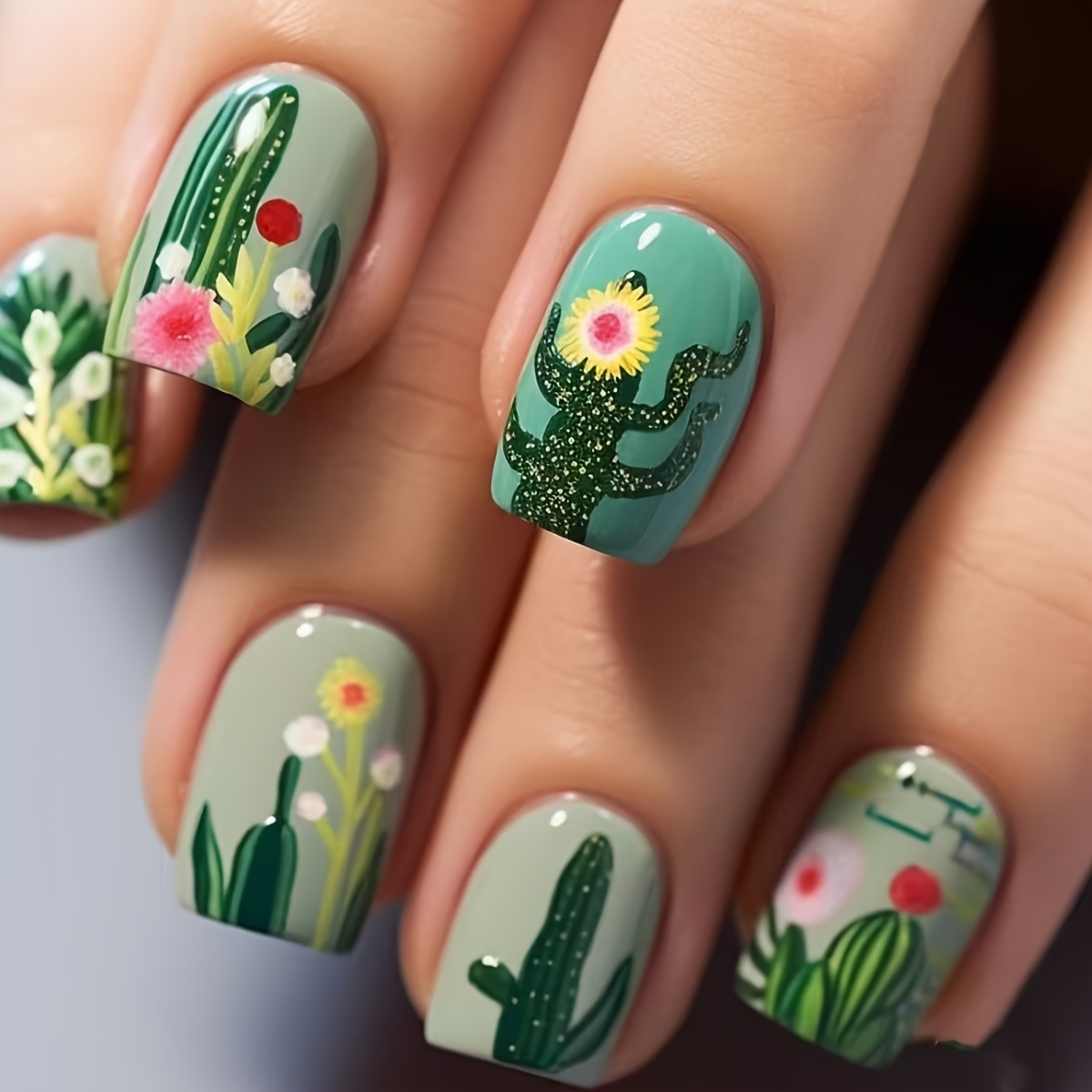 

Art d'Ongles à Fleurs et Cactus de Printemps Limité en Carrée Courte 24pcs Amovibles