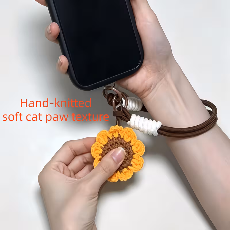 1pc handmade crochet 3d sunflower phone lanyard korean woven flower wrist strap universal phone case built in patch anti lost hanging chain multi functional keychain bag earphone pendant best friend gift small accessory Product details 5