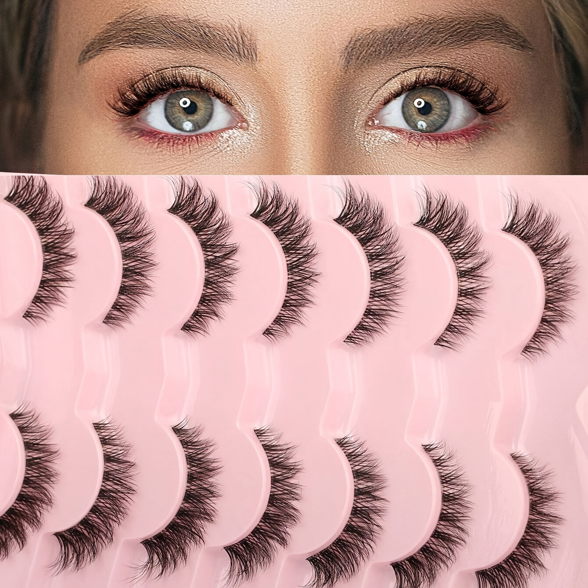 TEMU 7 Pairs, 7-16mm, Natural, Cross, Clear Stem False Eyelashes, Suitable For Parties And Holidays, Strip False Eyelashes, , , Cat Eye False