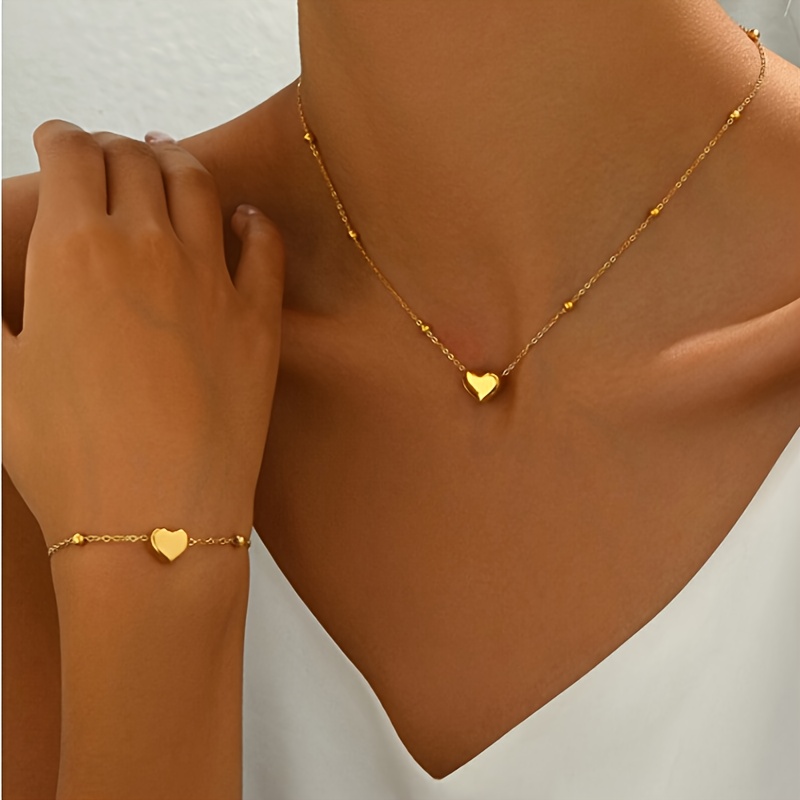 TEMU 2pcs Vintage Heart Necklace + Bracelet Jewelry Set, Gift For Girlfriend, Mother's Day Gift, Best Friend Gift, Stainless Steel With 18k Gold