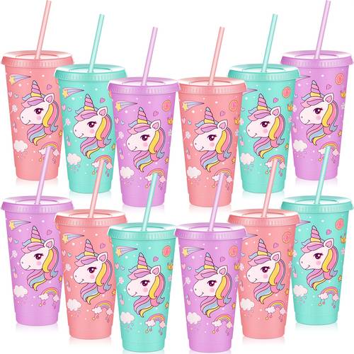 of 12 unicorn themed cups for party favors ideal for birthday celebrations 24 oz plastic tumblers come with lids and straws reusable use