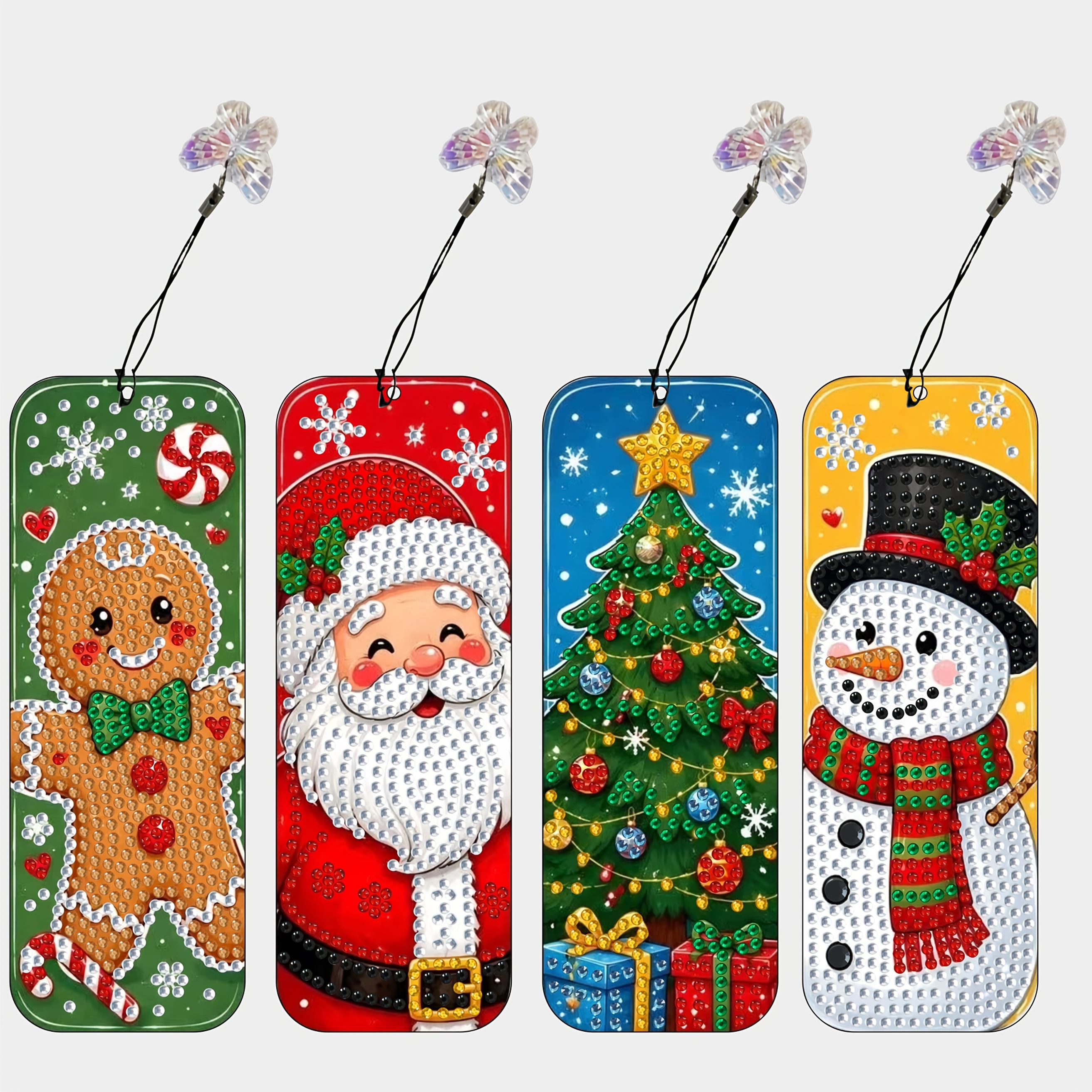 TEMU 4pcs Set Of Irregular Drill Christmas-themed Diamond Painting Bookmarks, Embellished Bookmarks, Gorgeous , With Lanyard And Bow Pendant, For