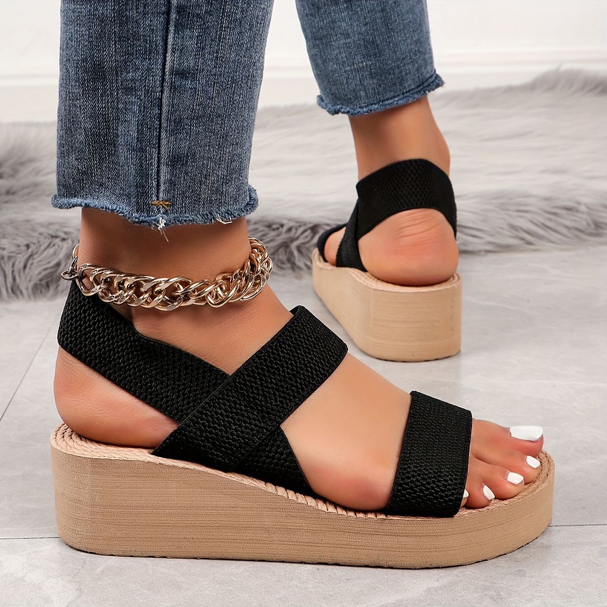 chic summer womens high heel sandals beige straw texture fabric open toe with ankle strap comfortable eva sole fashion wedge heels for beach and travel strappy sandals Product details 7