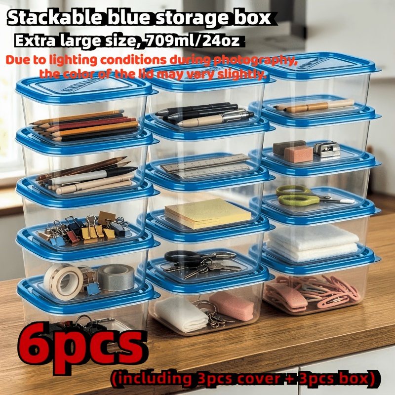 TEMU 6pcs Extra Large Capacity Reusable Blue Storage Boxes (includes 3pcs Lids And 3pcs Boxes), 709ml/24oz, Extra Large Capacity Transparent Pp