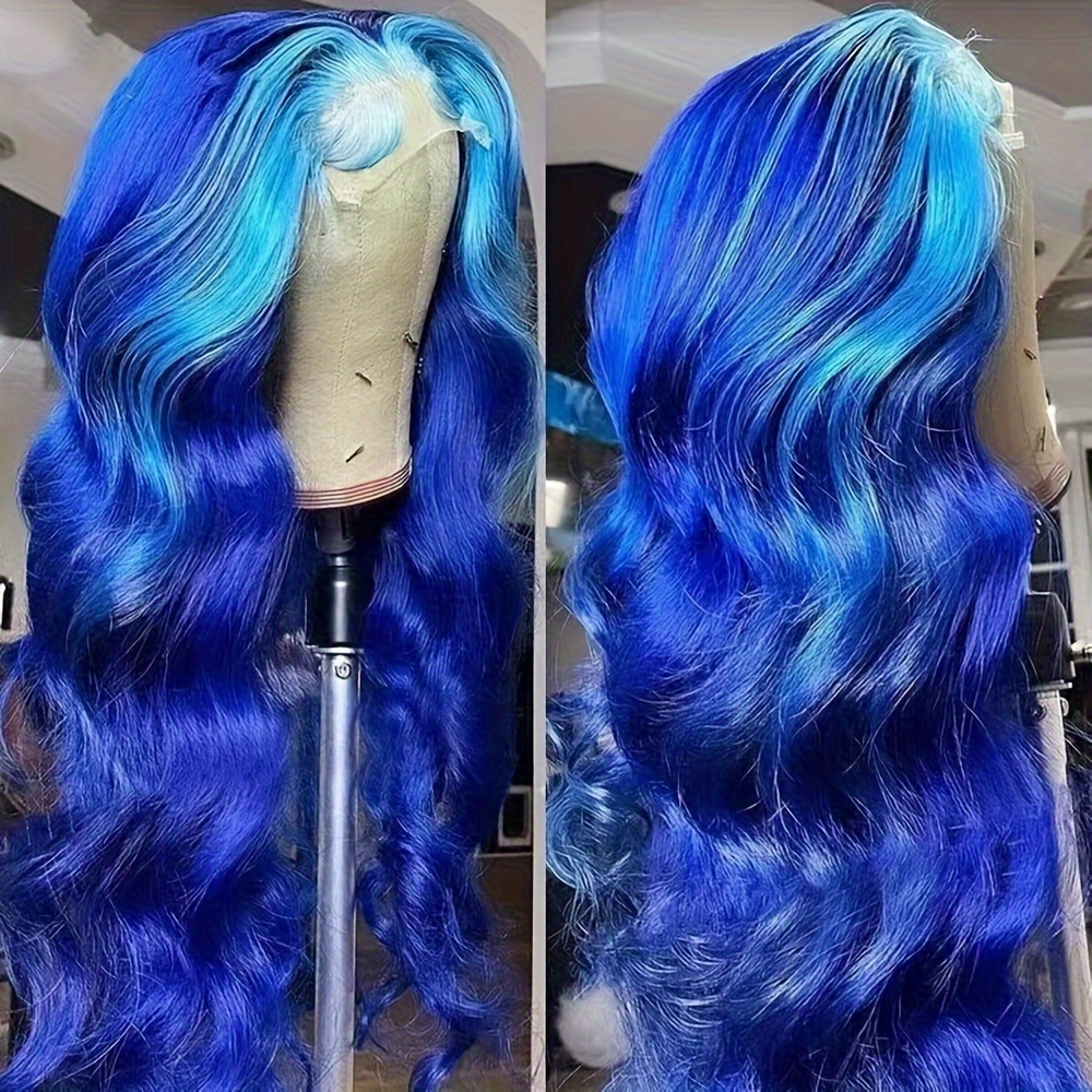 TEMU Blonde Blue Highlight Lace Front Wigs For Women 13*4 Inch Part Space Heat Resistant Fiber Loose Body Wave Synthetic Wigs With Baby Hair Preplucked Hairline Glueless Lace Front Wig For Daily Party Use