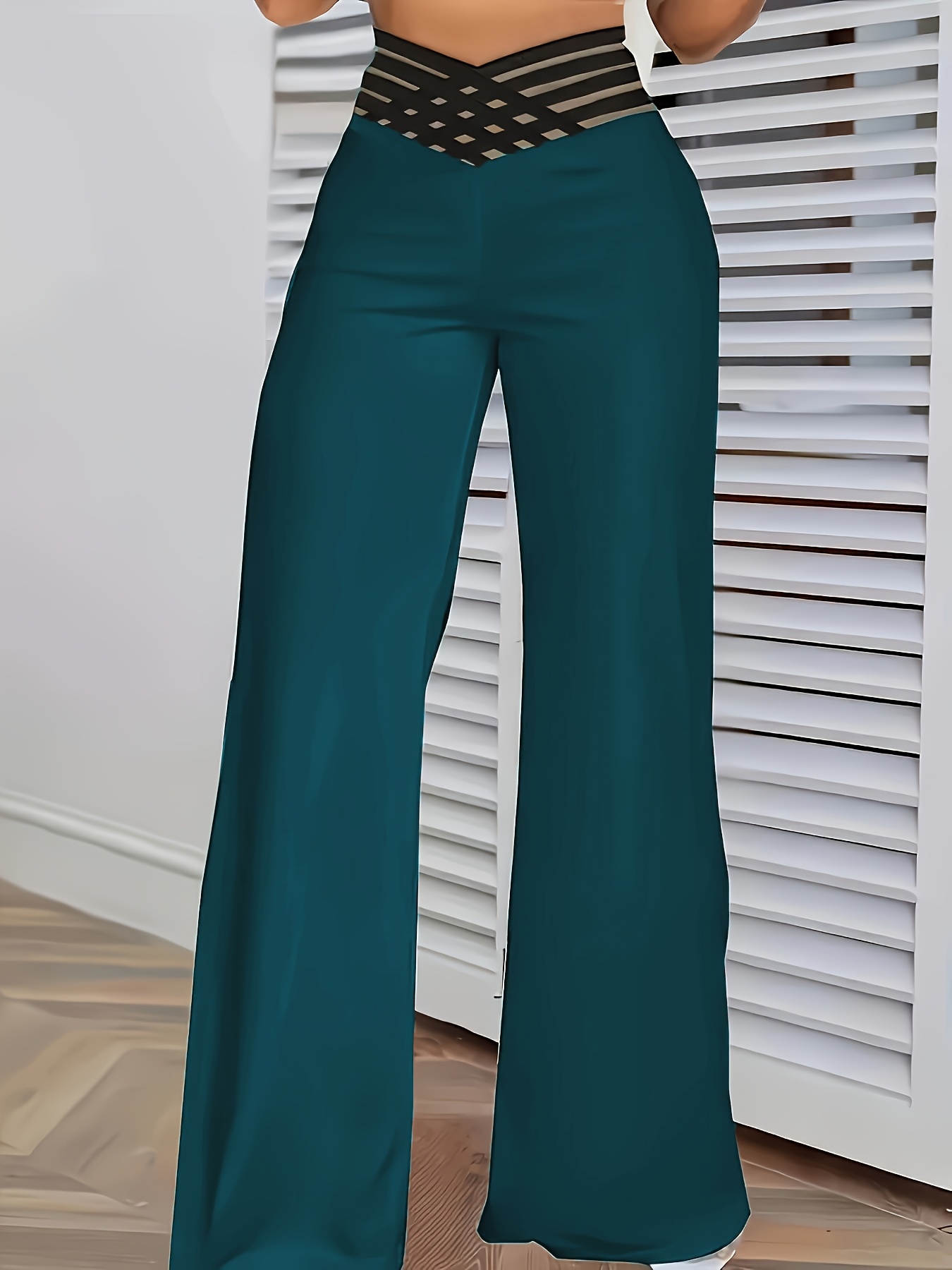 Women's High-Waist Flare Pants with Cross-Front Mesh Detail - Dark Teal, Elegant Bell Bottoms, Machine Washable, All-Season Comfort, Perfect for Casual or Dressy Occasions