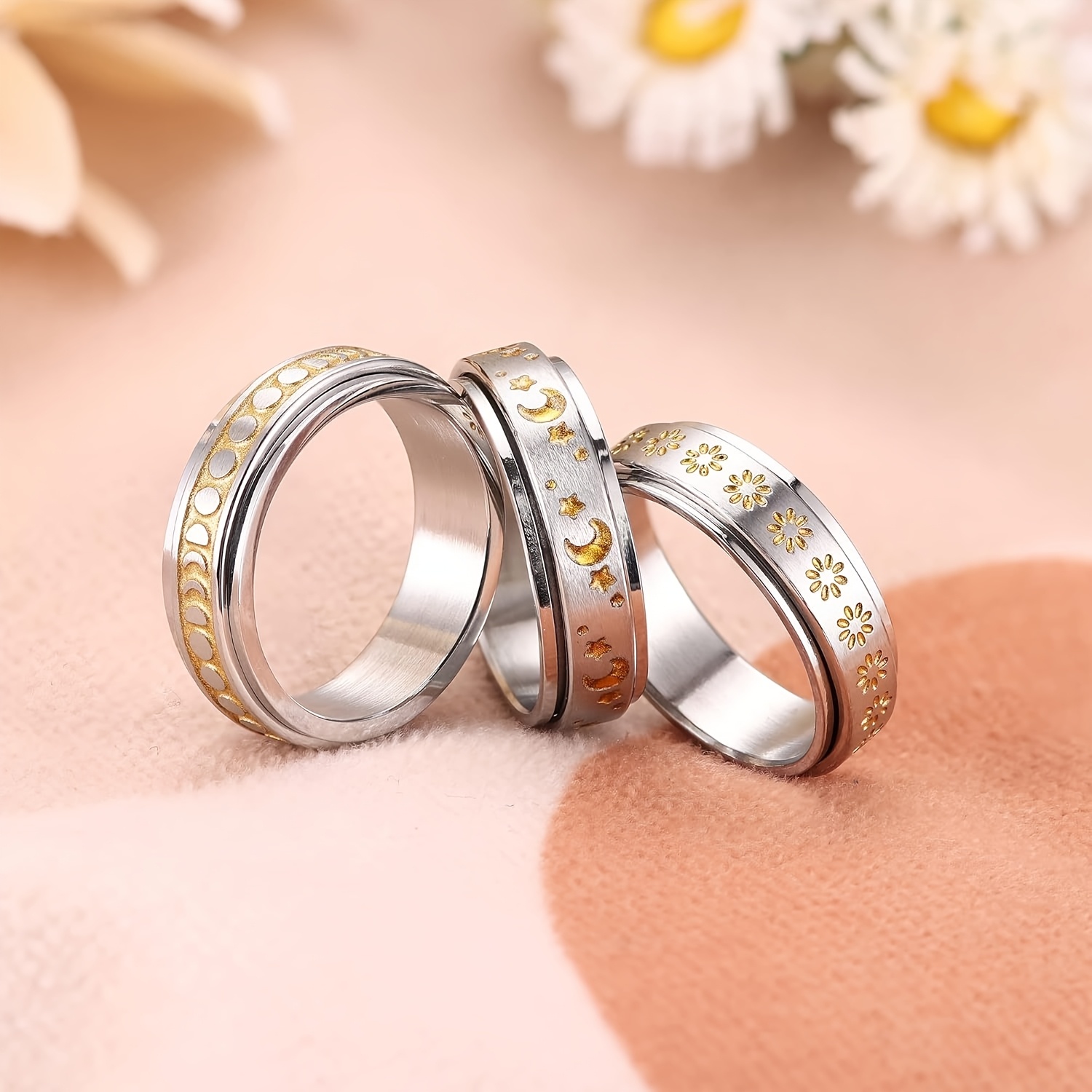3pcs golden fidget spinner rings for women 316l stainless steel fidget band rings set     rings relieving spinner band rings for anxiet Product details 1