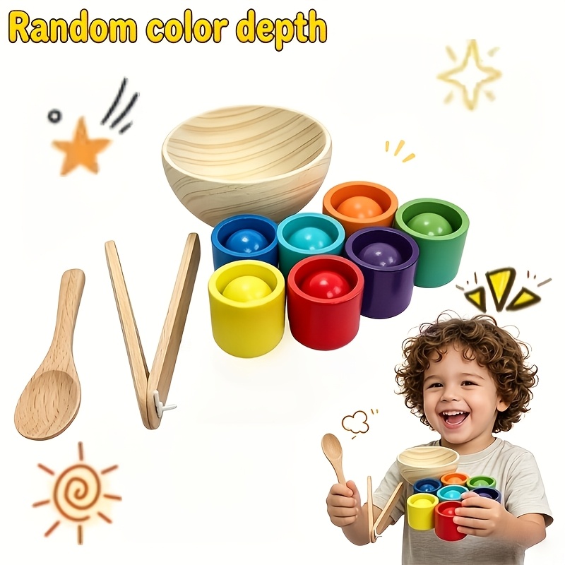 Image of Set Of Wooden Color Classification Game Toys With 7 Rainbow Balls And Colors, Fine Toys, Puzzle Education Toys, Sensory Toys Suitable For Boys And Girls, Ideal Gifts For Festivals, Random Color Depth