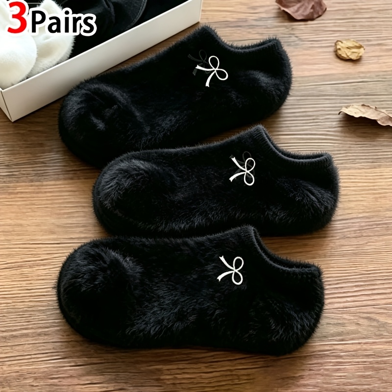 TEMU 3-pair Women's Bow Short Socks, Soft Fluffy Plush Warm And Comfortable Winter Socks, Thickened Short Socks In Black, White, And Gray For Home ,