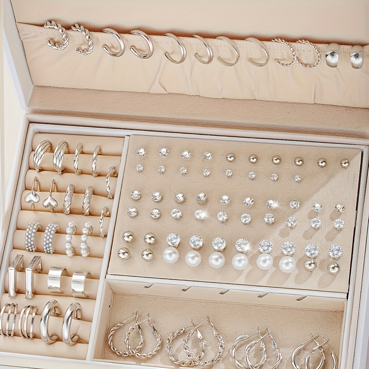 

102pcs Argent Perles Artificielles Ronde Boucles d'oreilles -Pièces Filles Fête Cadeau ( Boîte)