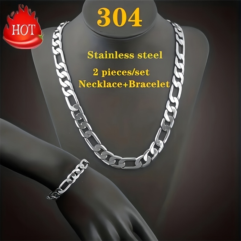 

2pcs/set Men's Necklace Bangle Set, Classic Fashion Y2k Stainless Steel Cuban Necklace