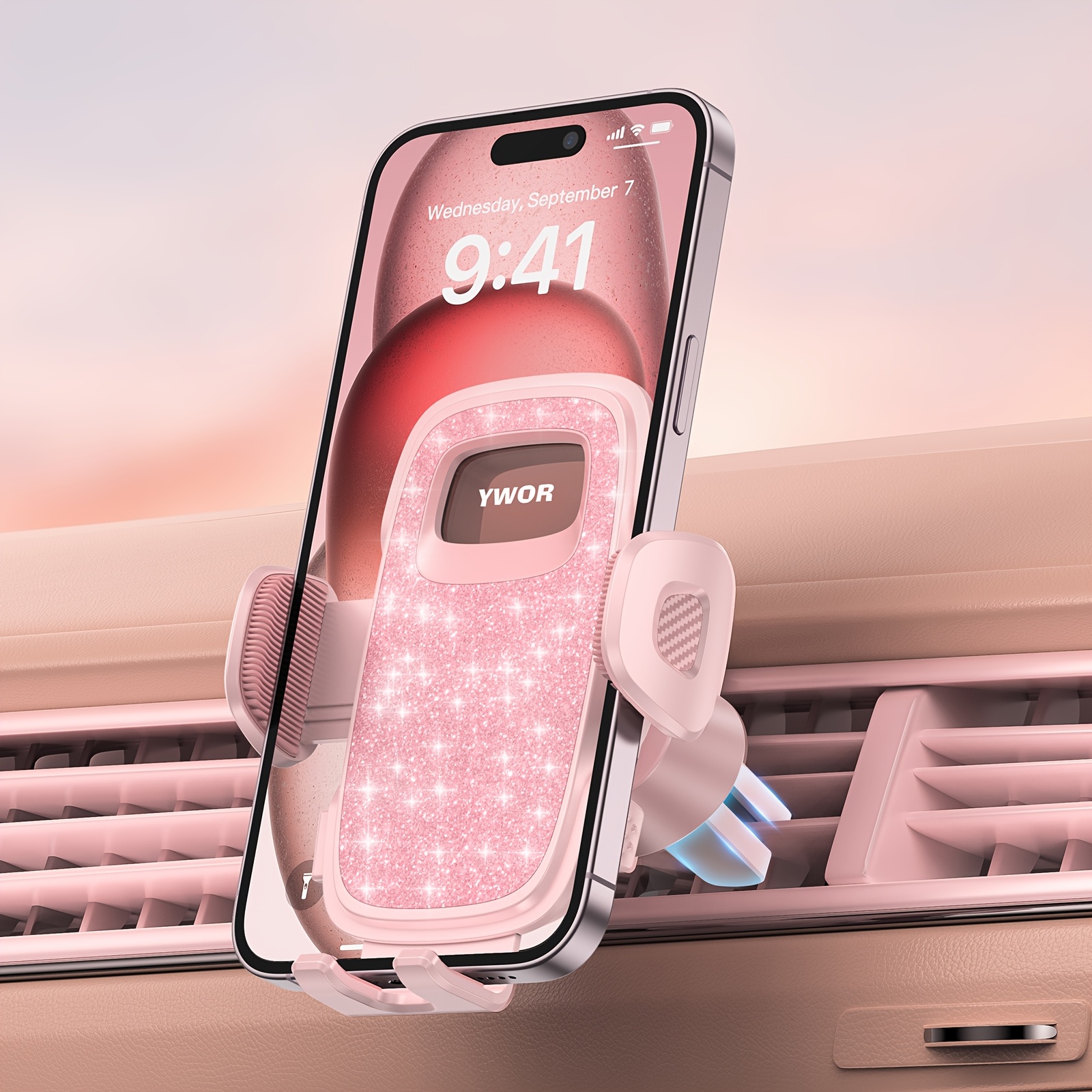 Ywor Pink Car Phone Holder For Vertical/horizontal Vent [ Clamp And Fit Thicker Case] Universal Cellphone Stand Car Mount Cradle