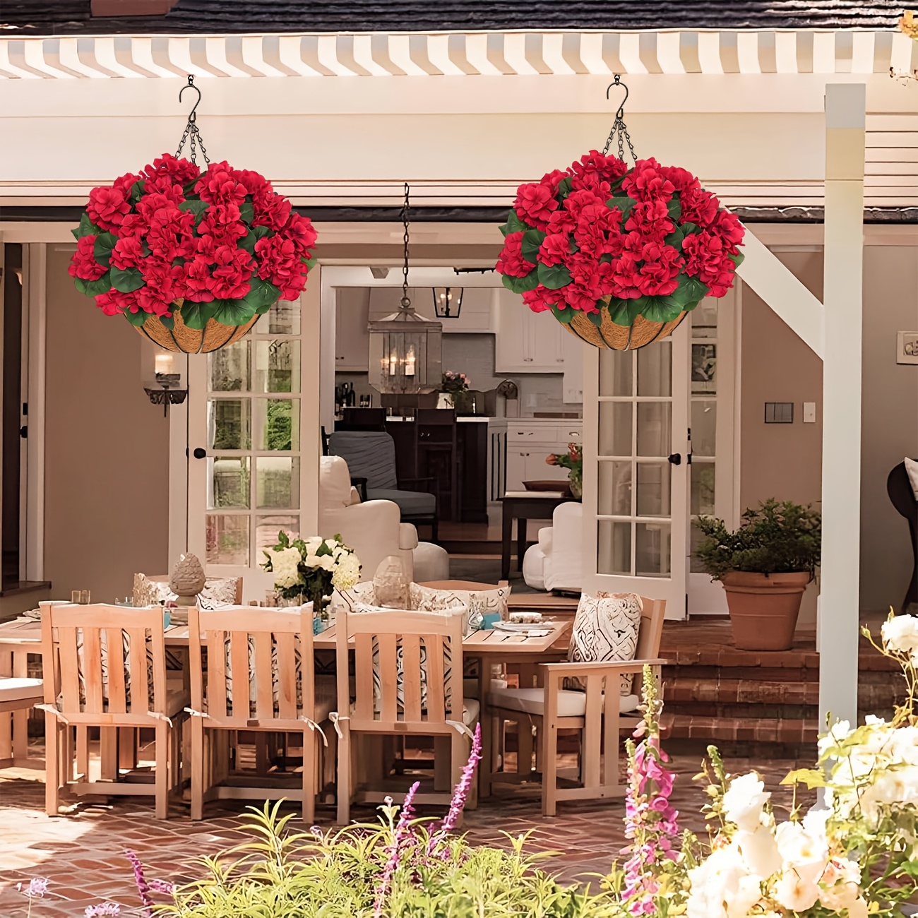 2 Sets Artificial Red Geranium Flowers with Hanging Baskets and Planters, 12pcs Each for Garden and Home Decor