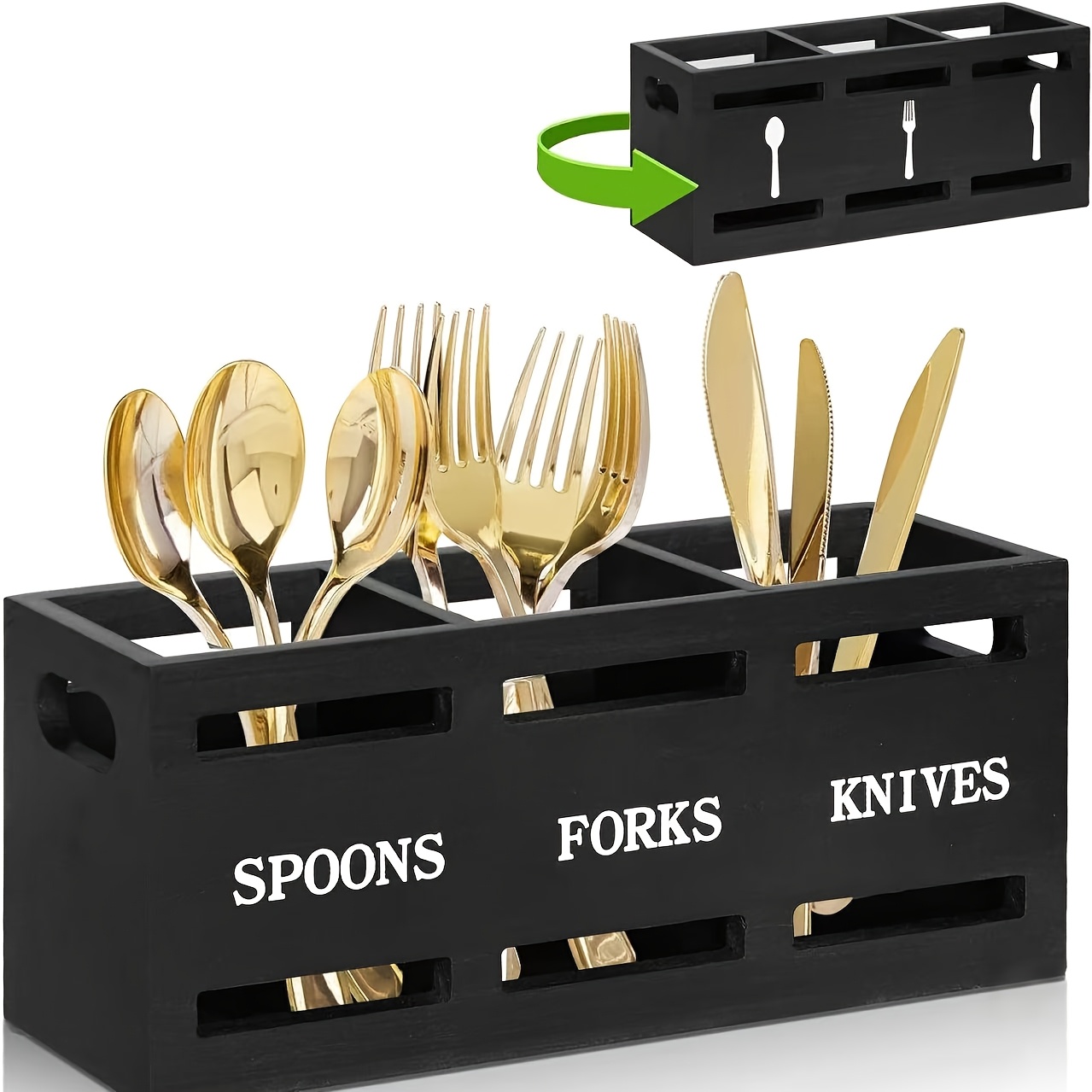 TEMU Wooden Utensil Holder, Country Tableware And Cutlery Rack, Black Party Fork Knife Spoon Organizer With 2pcs Handles, For Party Restaurant Forks,