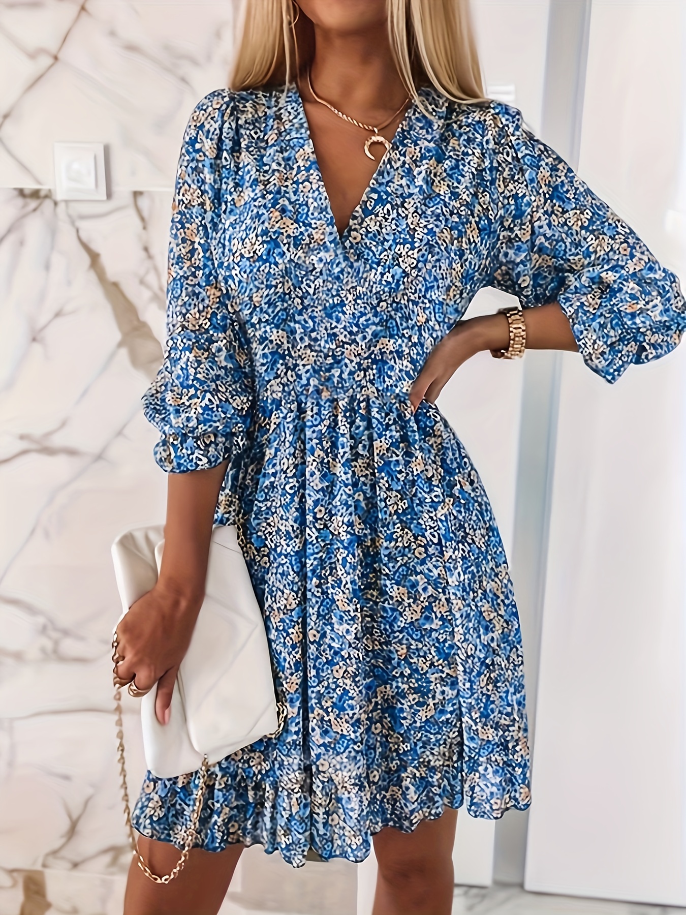 shirred waist v neck dress floral print elegant 3 4 sleeve dress for   womens clothing details 10