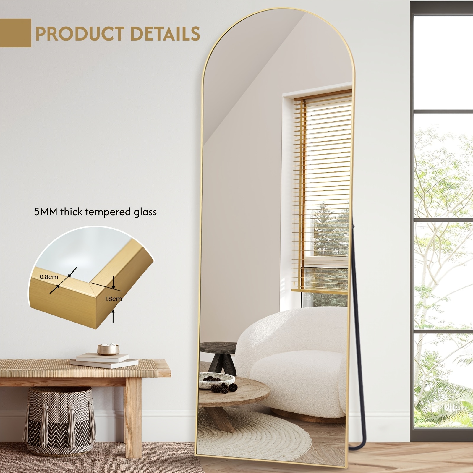 Elegant Arched Full-Length Mirror with Decorative Golden Frame