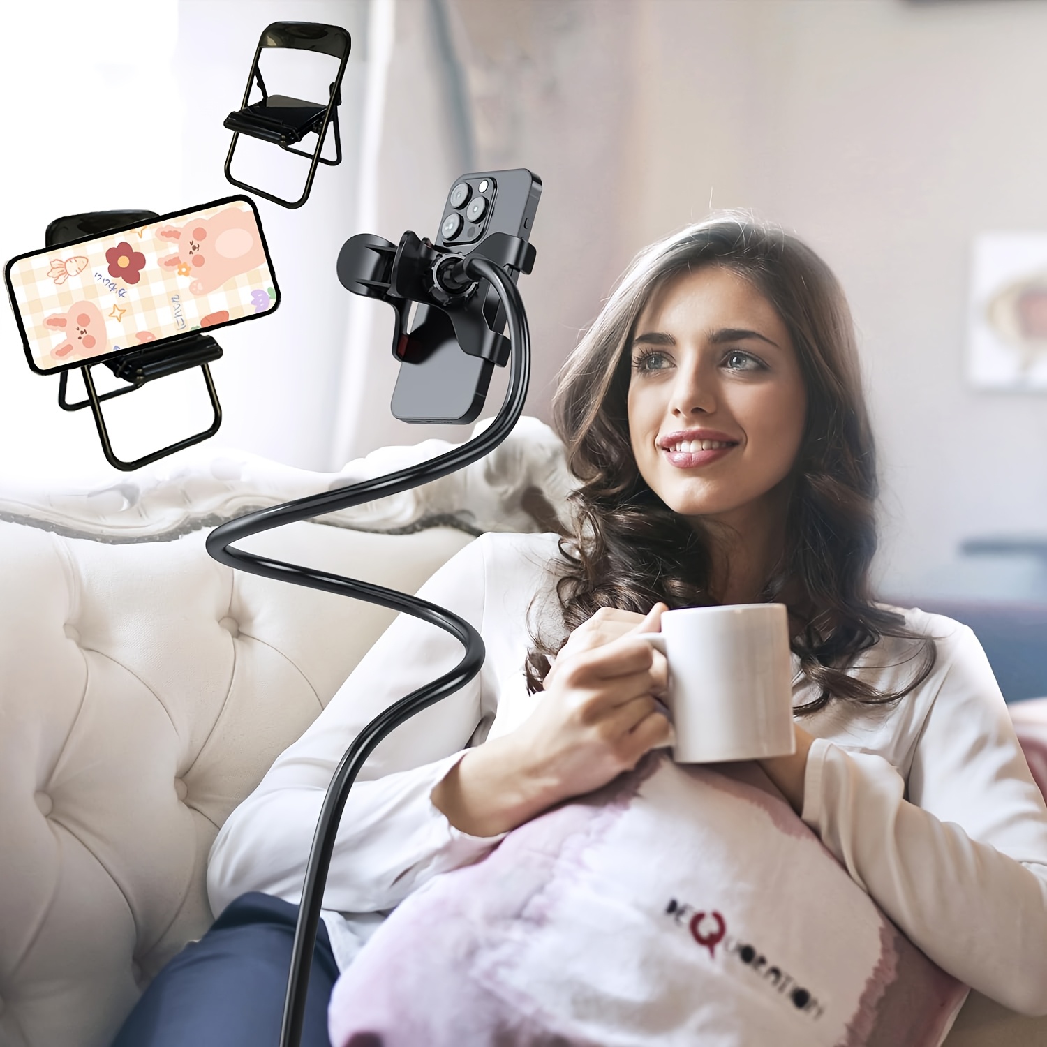 

Set Of 2pcs. With A Free Chair Holder. Universal Lazy Stand For Phones And Tablets, Featuring A Flexible Multifunctional Dual-clamp Base For Bedside Use.